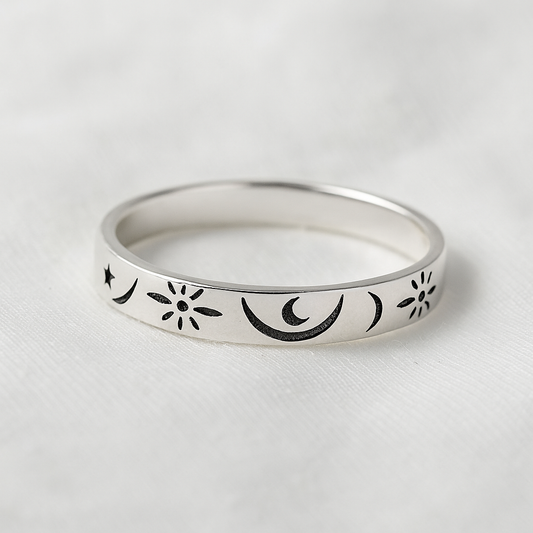 Moon & Star Silver Band Ring