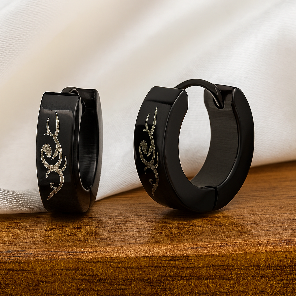 Black Surgical Steel Laser Etched Huggies