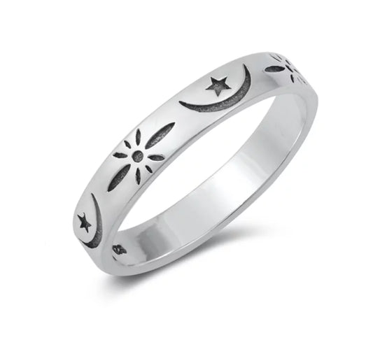 Moon & Star Silver Band Ring